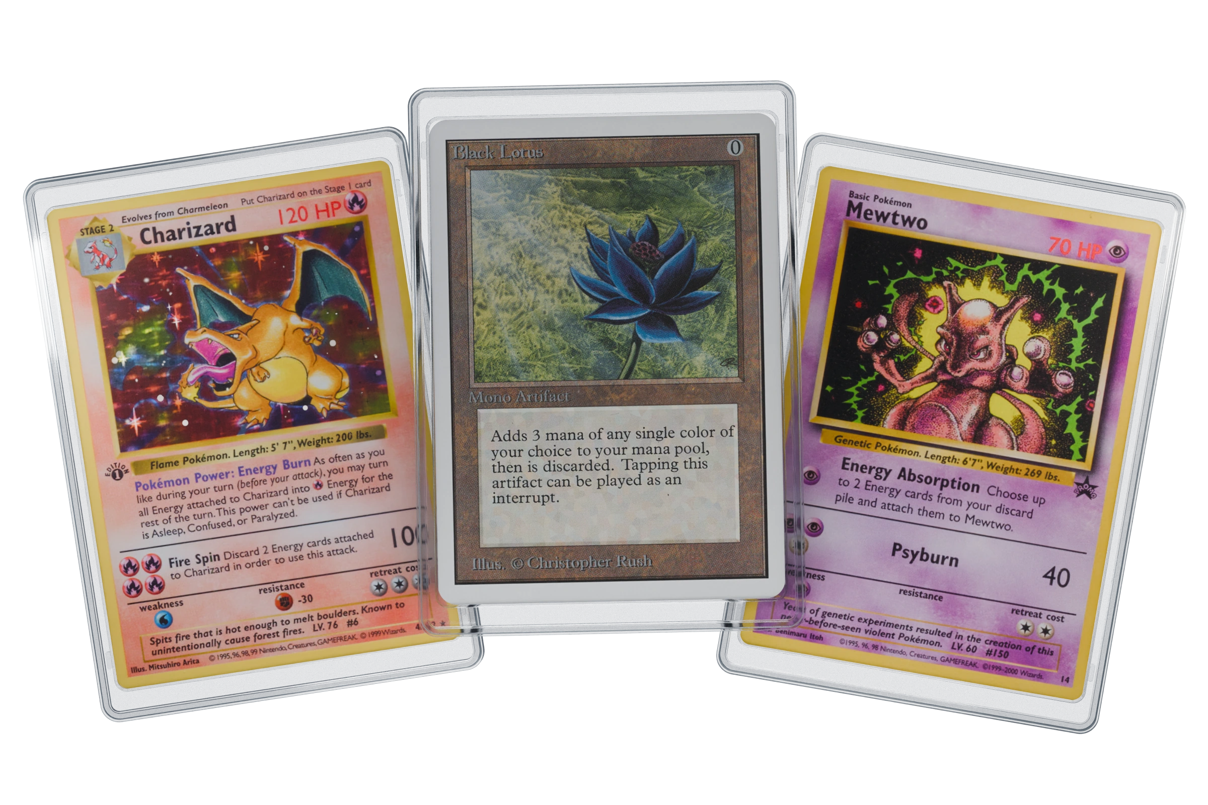 Charizard, Black Lotus, and Mewtwo cards in clear protective slabs